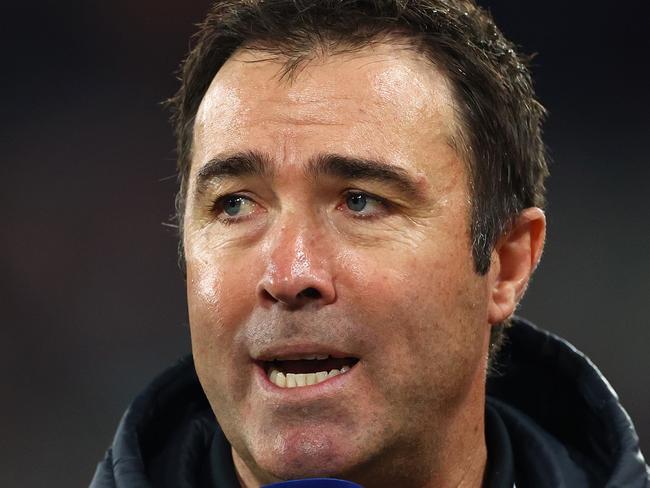 MELBOURNE, AUSTRALIA - JUNE 23: Brad Scott, Senior Coach of the Bombers talks to the media during the round 15 AFL match between Essendon Bombers and West Coast Eagles at Marvel Stadium, on June 23, 2024, in Melbourne, Australia. (Photo by Quinn Rooney/Getty Images)