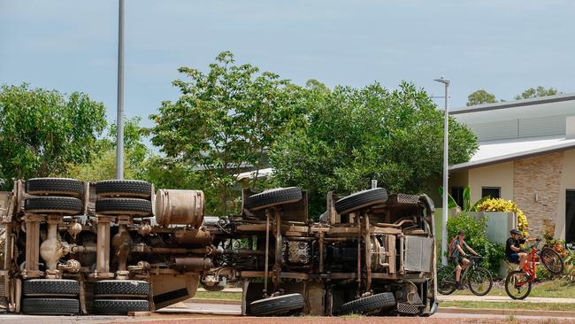 The cement mixer on its side in Muirhead today. Picture: Glenn Campbell