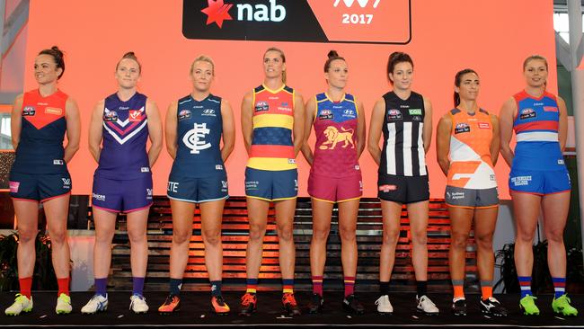 The captains of the new AFL Women’s league. (AAP Image/Joe Castro)