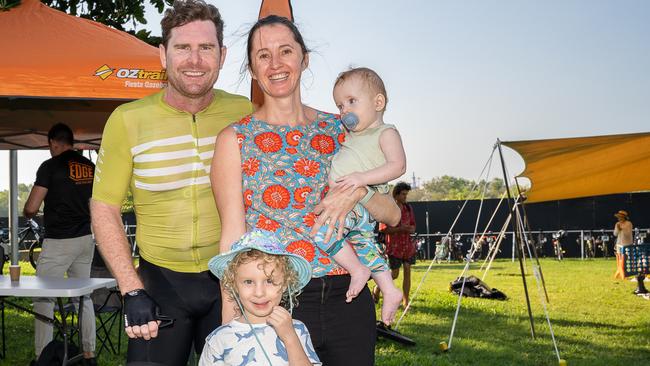 Sam Creek fastest rider to finish the 110km Inpex Top End Tonne, 2023, Darwin, with his family Caspian (3), Elliott (8 months) and Sarah Combe. Picture: Pema Tamang Pakhrin