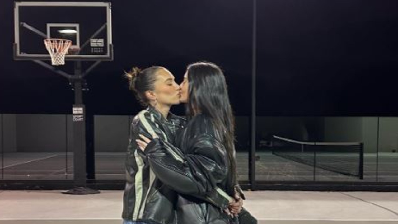 Kylie Jenner shared this snap of her and BFF Anastasia “Stassie” Karanikolaou locking lips on Valentine's Day. Picture: Instagram/@kyliejenner