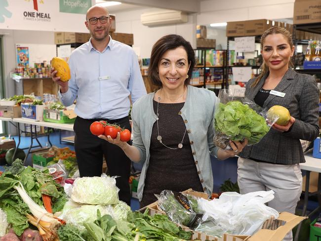 (L to R) Coralee Rough Community coordinator, Sal Elkheir Woolworths operations manager, Vicki Sherry from Hopefield Services and Mariam Hammoud Group manager Woolworths at the Salvation Army, Miranda for the Feed Appeal grant to purchase commercial refrigeration which will help double the food co-op hamper program. Picture: Brett Costello