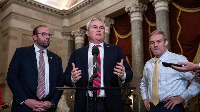 Chairman of the House Ways and Means Committee Rep. Jason Smith, Chairman of the House Oversight Committee Rep. James Comer and Chairman of the House Judiciary Committee Rep. Jim Jordan speak to reporters after the House voted to formally authorise the impeachment inquiry into U.S. President Joe Biden, in Statuary Hall at the U.S. Capitol on December 13, 2023. Picture: Drew Angerer/Getty Images/AFP