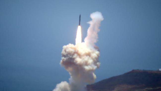 The Ground-based Midcourse Defense (GMD) element of the U.S. ballistic missile defense system launches during a flight test from Vandenberg Air Force Base, California. Picture: Lucy Nicholson/Reuters