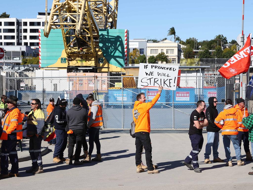 CFMEU strike at Cross River Rail construction site in Woolloongabba. Picture: Liam Kidston