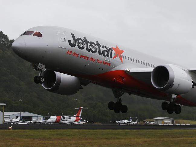 Jetstar's new Boeing 787 Dreamliner aircraft has left Cairns for its maiden flight to Tokyo, Japan. The Boeing 787 departs Cairns International Airport. Picture: Brendan Radke.