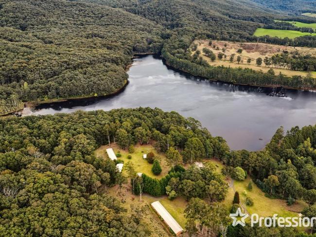 A $4m Gilderoy property complete with its own private lake has hit the market in the Yarra Ranges.The 300 acre property, named Lake Muratore, features a four bedroom home, 20 holiday cabin units, and it has one of the largest privately owned freshwater lakes in Victoria.  Picture: Professionals Real Estate Yarra Valley