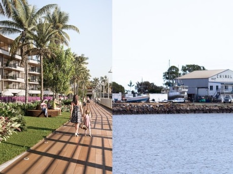 A side by side of current Burnett Heads buildings and proposed artists impression of the new Gateway Marina.