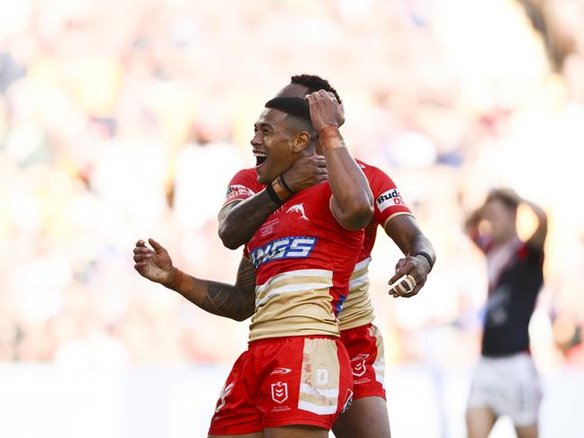 Jamayne Isaako of the Dolphins scores a try during the round one NRL match between the Dolphins and Sydney Roosters at Suncorp Stadium on March 05, 2023 in Brisbane, Australia. Picture: NRL Photos