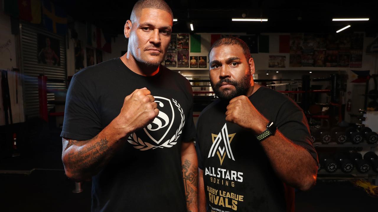 Willie Mason and Sam Thaiday facing off ahead of the All Stars Fight Night. Picture: Richard Dobson