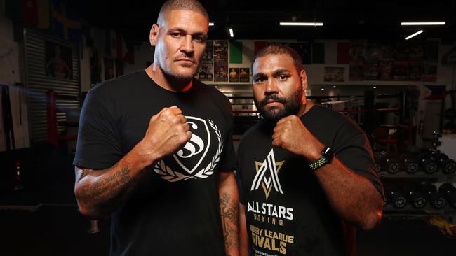 Willie Mason and Sam Thaiday facing off ahead of the All Stars Fight Night. Picture: Richard Dobson