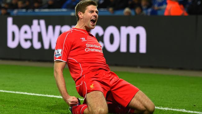 LEICESTER, ENGLAND - DECEMBER 02: Steven Gerrard of Liverpool celebrates after scoring his team's second goal during the Barclays Premier League match between Leicester City and Liverpool at The King Power Stadium on December 2, 2014 in Leicester, England. (Photo by Shaun Botterill/Getty Images)