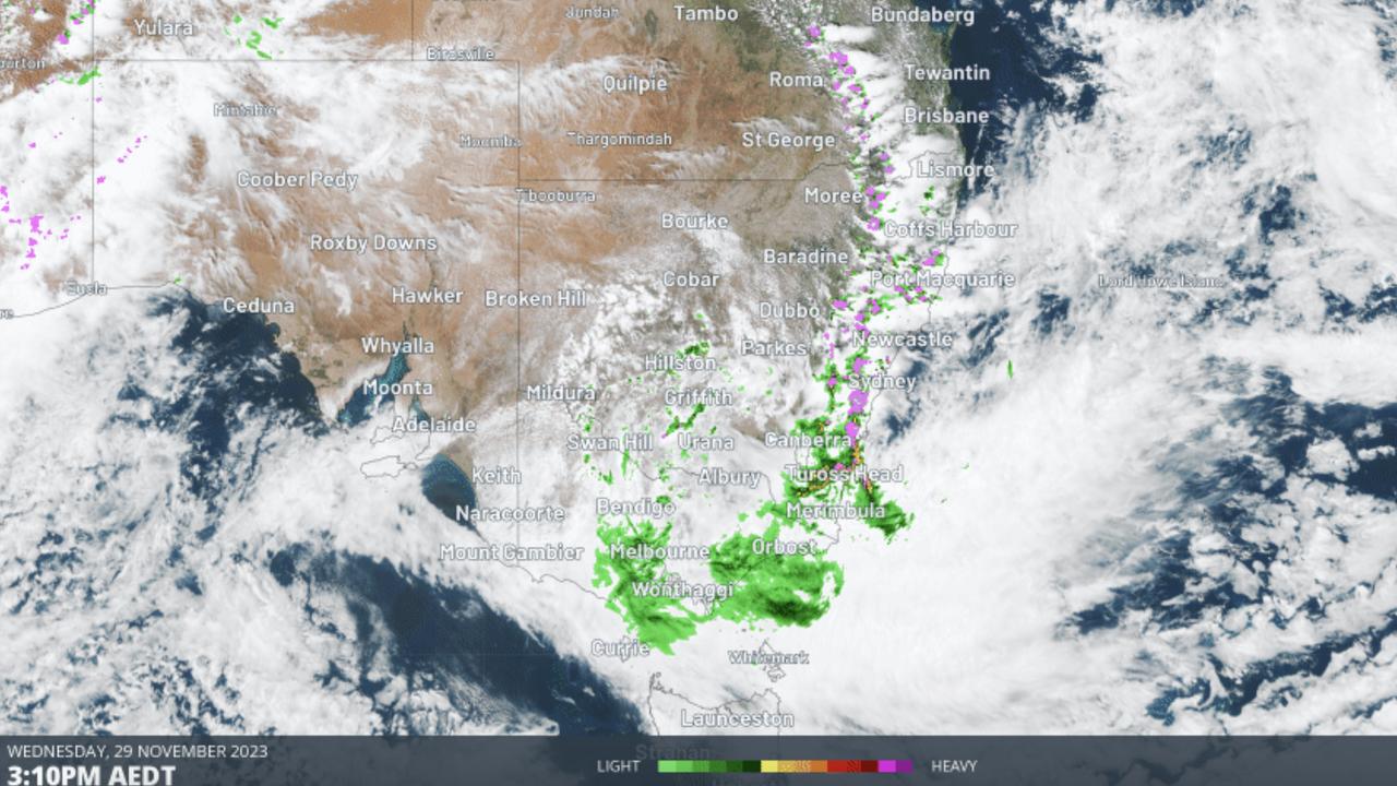 A 1500km band of storms, shown here in purple and green, stretched across the east this week. Picture: Weatherzone