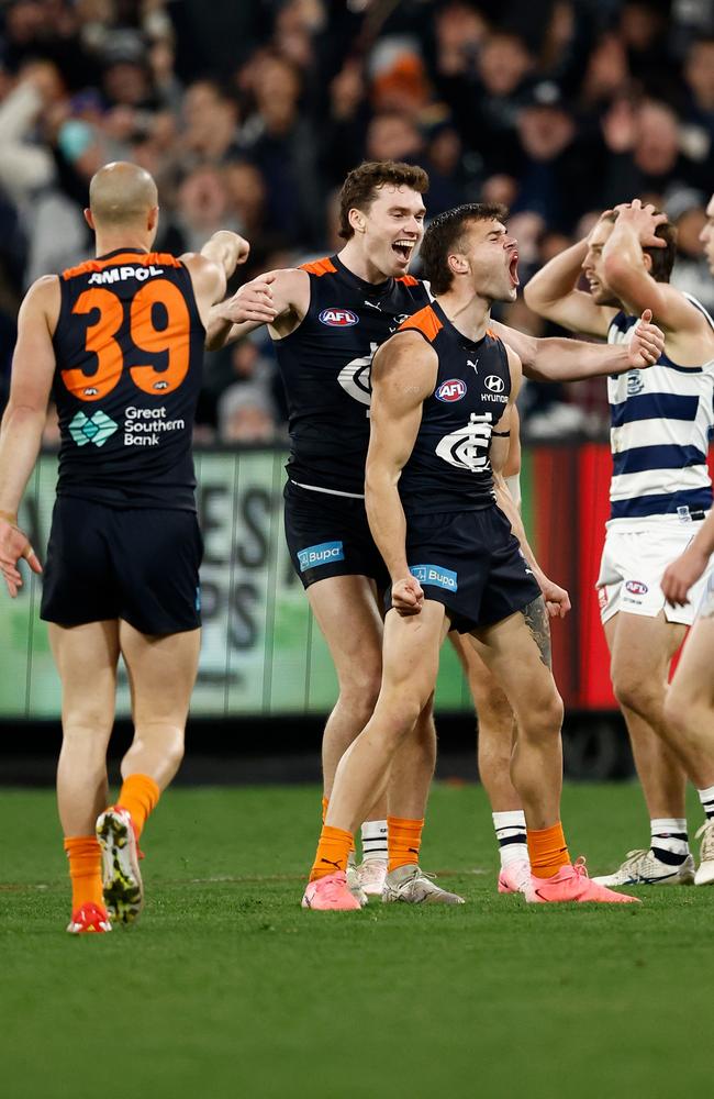 Lachlan Cowan celebrates his first goal at AFL level. Picture: Michael Willson/AFL Photos