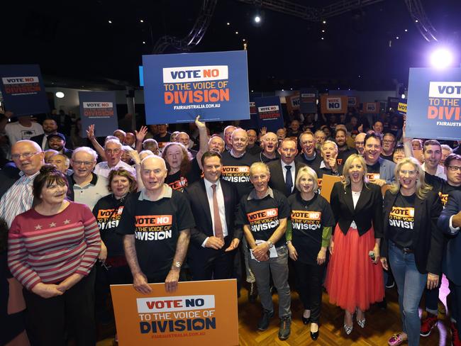 SYDNEY, AUSTRALIA - NewsWire Photos SEPTEMBER 27, 2023: A group shot of people including former PM Tony Abbott at the end of the no rally event at St Marys Band Club in St Marys.Picture: NCA NewsWire / Damian Shaw