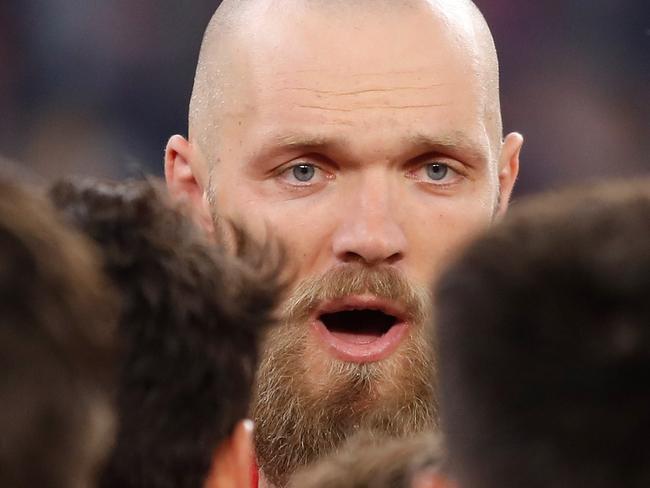 Max Gawn speaks with his players during the 2021 AFL Grand Final. Picture: Michael Willson/AFL Photos via Getty Images