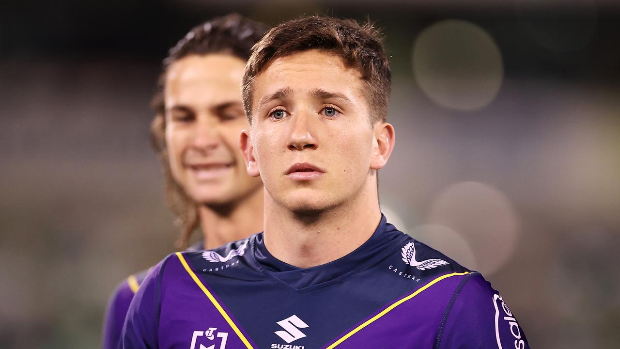 Cooper Johns delivered a savage burn on his dad, Matt, after helping the Storm to a big win over the Raiders. Photo: Getty Images