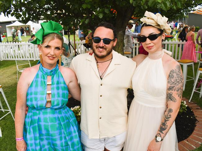 Christina Mammino, Joseph Dalla Bona and Thalia Chiotelis enjoying all the action at the Ladbrokes Cranbourne Cup on Saturday, November 23, 2024. Picture: Jack Colantuono