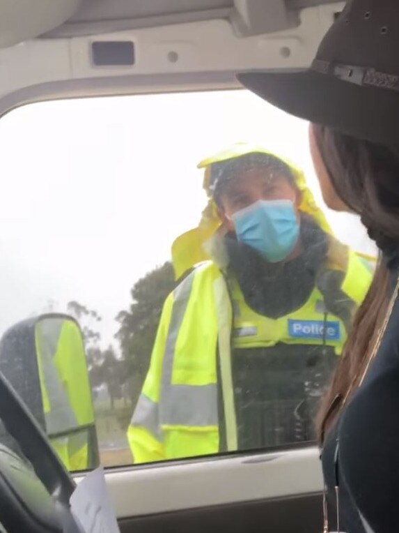 Eve Black drives through checkpoint crossing in Melbourne. Picture: Facebook