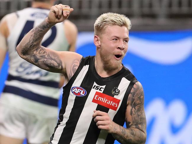 PERTH, AUSTRALIA - JULY 16: Jordan De Goey of the Magpies celebrates a goal during the round 7 AFL match between the Geelong Cats and the Collingwood Magpies at Optus Stadium on July 16, 2020 in Perth, Australia. (Photo by Paul Kane/Getty Images)