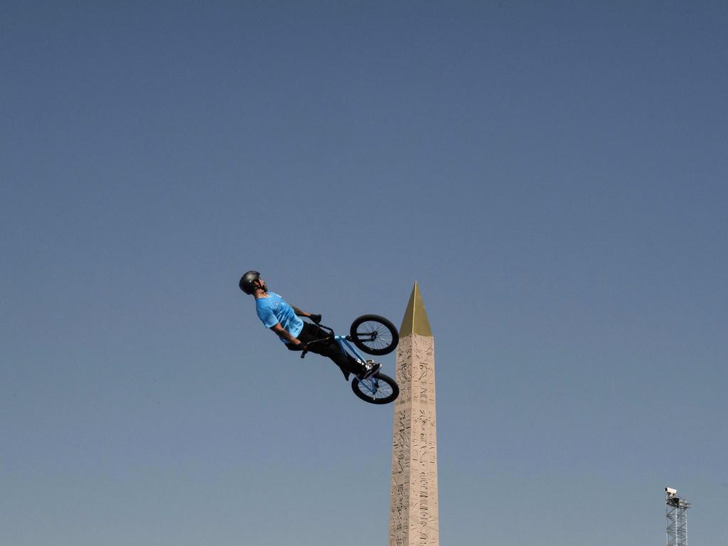 What a shot: This incredible optical illusion makes it look like the rdier is doing a wallride on the Luxor Obelisk. In reality, Argentina’s Jose Torres Gil is taking part in a BMX freestyle training session during the Paris 2024 Olympic Games at La Concorde in Paris on July 29, 2024. Picture: AFP