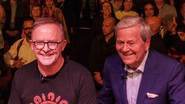 SYDNEY, AUSTRALIA - NewsWire Photos SEPTEMBER 28 2023. Prime Minister of Australia Anthony Albanese poses for a photo on stage with Yes Campaign co-chair Rachel Perkins, veteran journalist Ray Martin and Inner West Council mayor Darcy Byrne, at The West Says Yes event at The Factory Theatre in Marrickville, in support of the indigenous voice to parliament. Picture: NCA NewsWire / Max Mason-Hubers