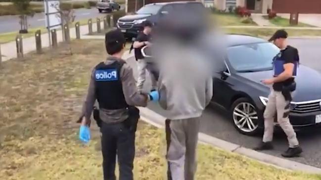 Victoria Police Gang Crime Squad arrested eight people six revellers were allegedly stabbed at a party at a short-term rental property in Spencer Street on March 8, 2021. Picture: Victoria Police