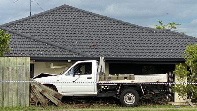 The ute involved in the crash ploughed through a fence after it hit the teen. Picture: Peter Wallis