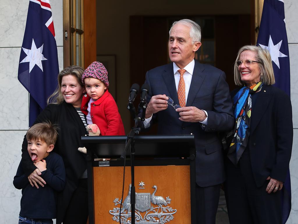 PM Malcolm Turnbull with his Grandchildren Jack and Alice and Daughter Daisy and wife Lucy holding press conference at Parliament House in Canberra. Picture Kym Smith