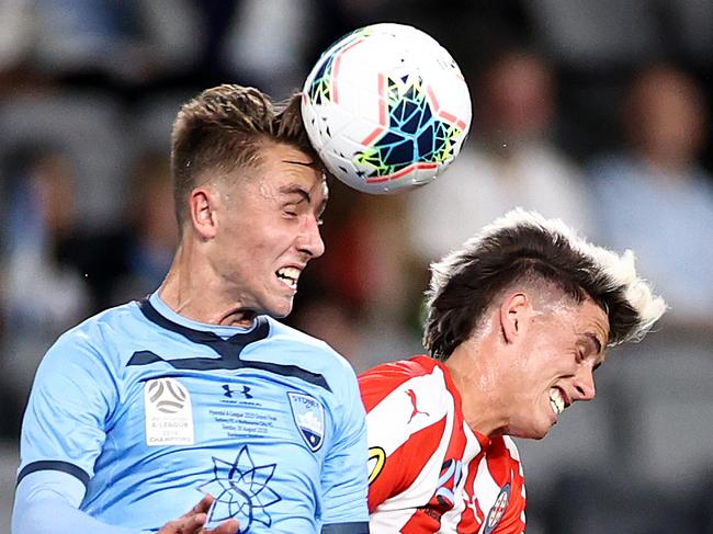 SYDNEY, AUSTRALIA - AUGUST 30: Joel King of Sydney FC heads the ball during the 2020 A-League Grand Final match between Sydney FC and Melbourne City at Bankwest Stadium on August 30, 2020 in Sydney, Australia. (Photo by Cameron Spencer/Getty Images)