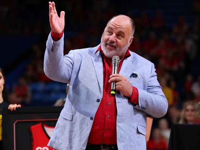 PERTH, AUSTRALIA - JANUARY 20: Craig Hutchison talks during a ceremony to retire the playing number of Shawn Redhage following the round 16 NBL match between Perth Wildcats and Sydney Kings at RAC Arena, on January 20, 2023, in Perth, Australia. (Photo by Paul Kane/Getty Images)