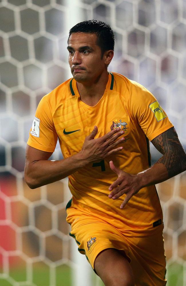 Tim Cahill of Australia celebrates after scoring.