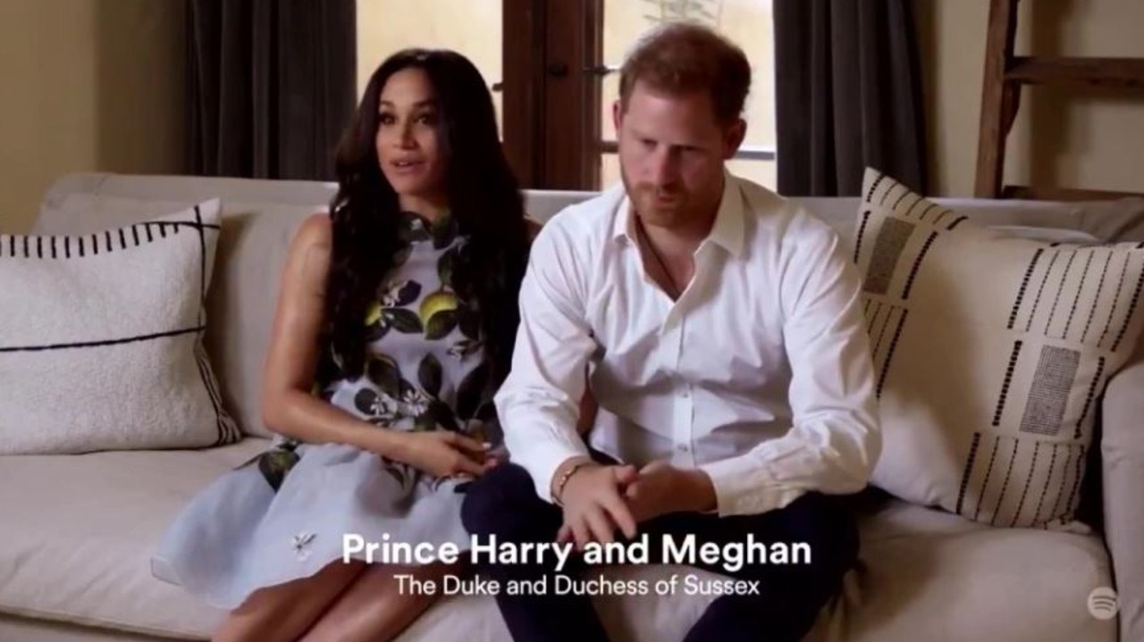 Meghan Markle, Prince Harry made a surprise appearance following their pregnancy news in Spotify ad, promoting their podcast Archewell Audio. Picture: Spotify