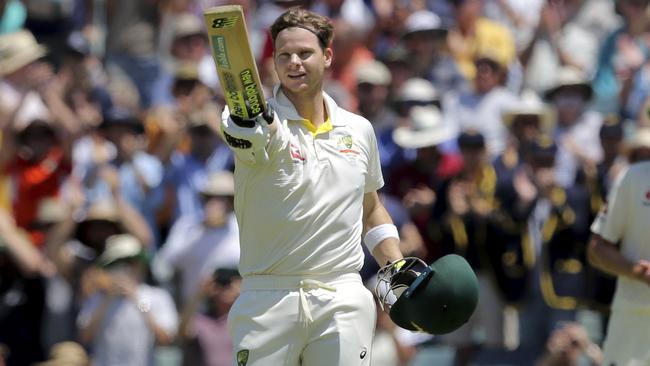 Steve Smith celebrates his century against England.