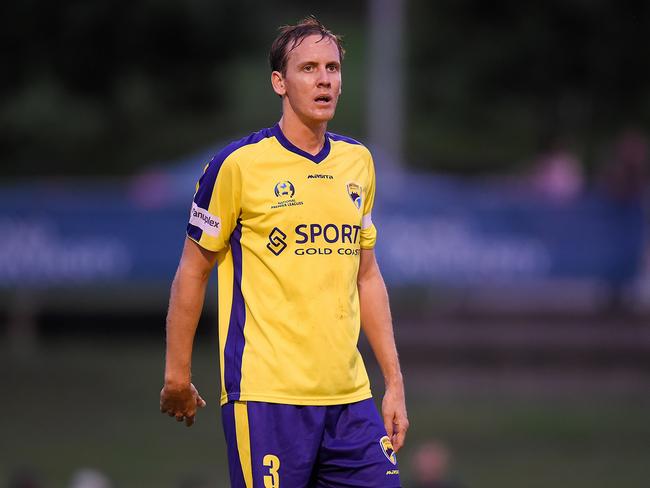 Gold Coast United captain Michael Thwaite in action during this year’s NPL. Picture: Patrick Kearney