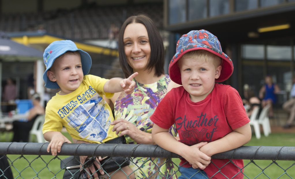 Sandrene Payne with nephews Taylor (left) and Callum Spies at Melbourne Cup celebrations at Clifford Park, Tuesday, November 7, 2017. Picture: Kevin Farmer