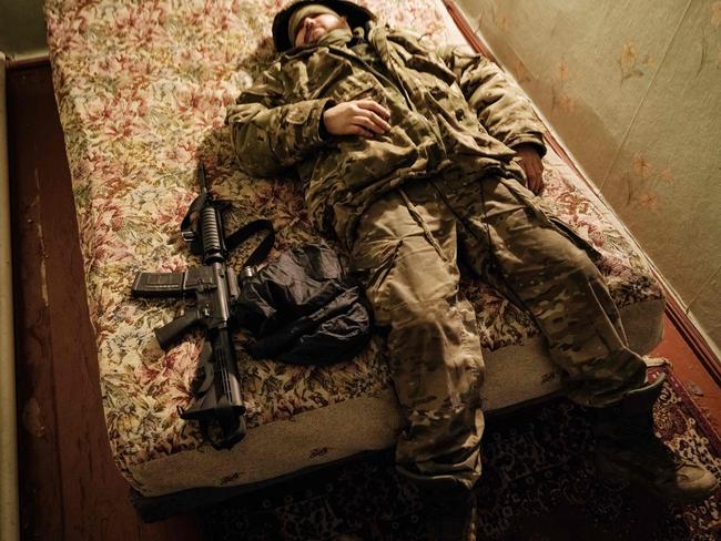 A Ukraine Army serviceman rests after returning from the frontline in Donetsk. Russia claims to have annexed the region along with three other key Ukraine areas. Picture: AFP