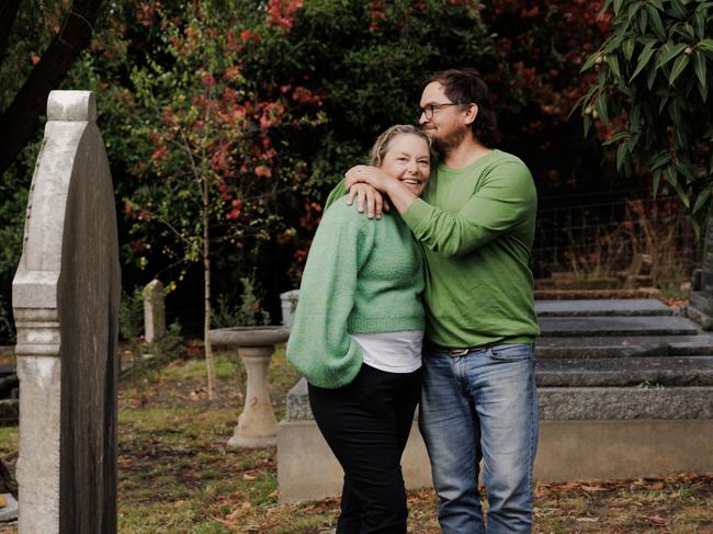 EMBARGO FOR TWAM 08 JUNE 2024. FEE MAY APPLY., , Nanette and Adam Charleson on the grounds of their new home which was once a Methodist church in the Adelaide Hills. Bri Hammond/TWAM