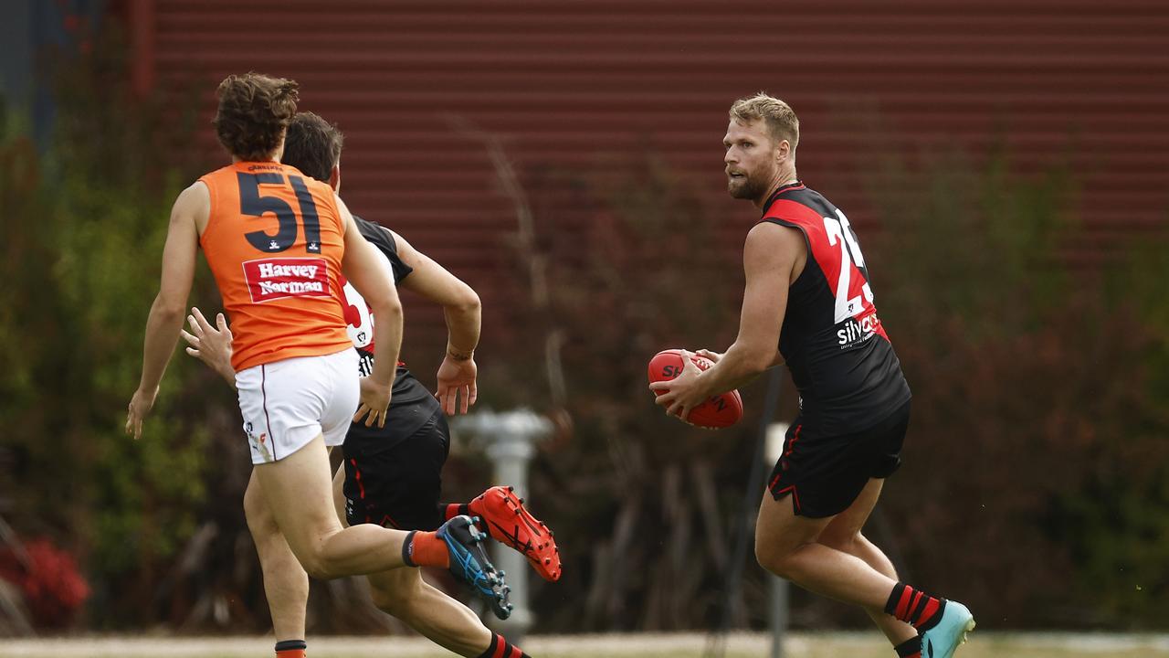 Essendon’s Jake Stringer (right) is ready to make his first appearance of the AFL season. Picture: Daniel Pockett/AFL Photos/via Getty Images