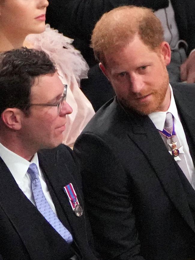 Jack Brooksbank and Prince Harry pictured at King Charles’ coronation in May 2023. Picture: Aaron Chown / POOL / AFP