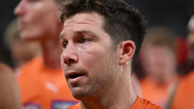 MELBOURNE, AUSTRALIA - MAY 11: Toby Greene of the Giants looks dejected after the round nine AFL match between Essendon Bombers and Greater Western Sydney Giants at Marvel Stadium, on May 11, 2024, in Melbourne, Australia. (Photo by Daniel Pockett/AFL Photos/via Getty Images)