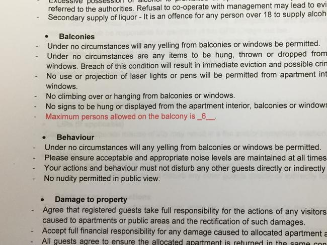 “No climbing over or hanging from balconies or windows”. Rules issued by Schoolies.com which are signed by hotel guests. Photo: Talisa Eley