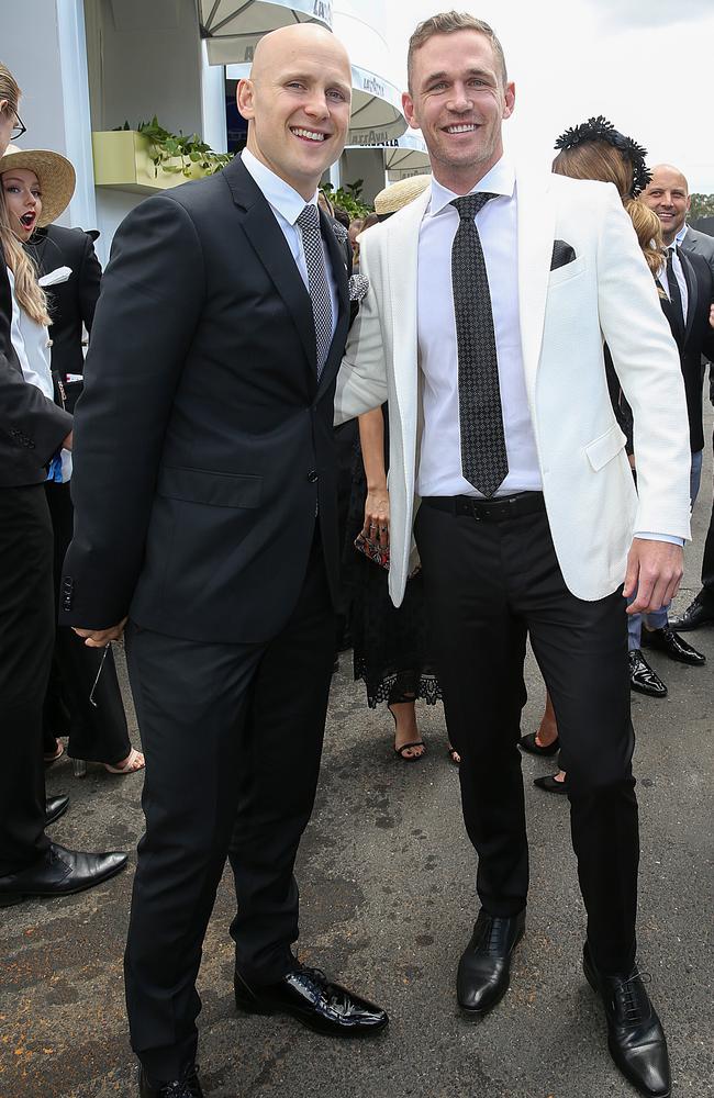 Geelong teammates Gary Ablett and Joel Selwood at Derby Day. Picture: Ian Currie