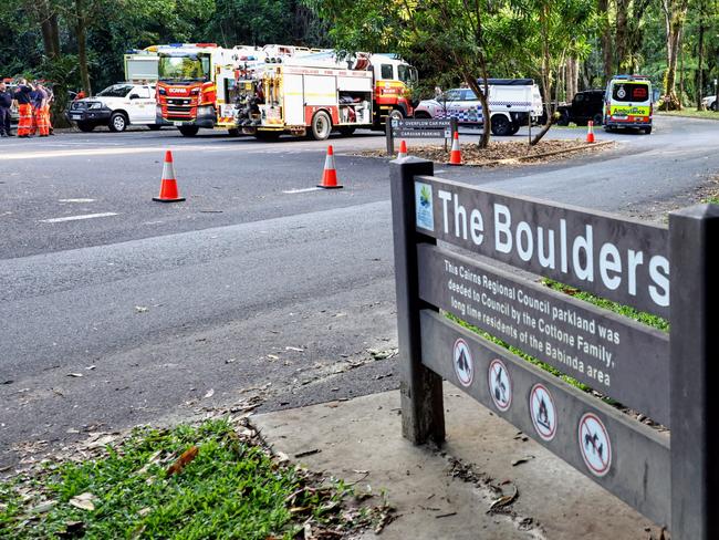 Emergency services personnel stage a complex rescue operation at the Babinda Boulders swimming hole at Babinda Creek, about two hours downstream from where a man fell into Babinda Falls and didn't resurface.  Picture: Brendan Radke