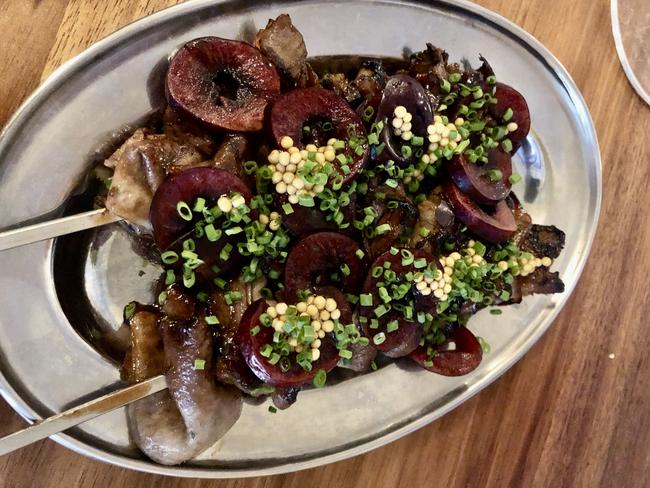 Ox tongue skewer, cherry, pickled mustard, at Longplay Bistro, Adelaide