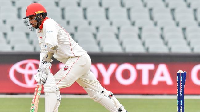 Tom Cooper of the Redbacks is bowled out during the Marsh Sheffield Shield match between the South Australia Redbacks and Western Australia Warriors at Adelaide Oval in Adelaide, Friday, February 14, 2020. (AAP Image/David Mariuz) NO ARCHIVING, EDITORIAL USE ONLY, IMAGES TO BE USED FOR NEWS REPORTING PURPOSES ONLY, NO COMMERCIAL USE WHATSOEVER, NO USE IN BOOKS WITHOUT PRIOR WRITTEN CONSENT FROM AAP