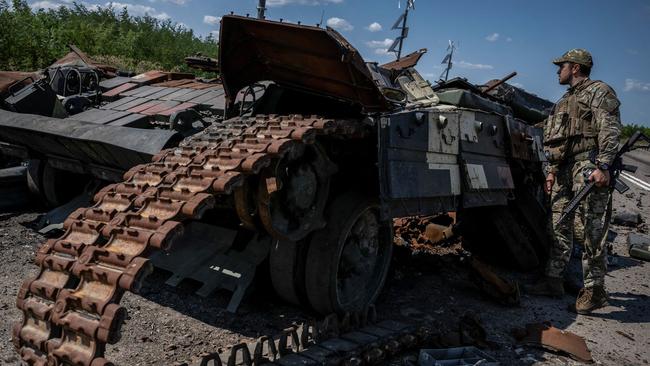 A Ukrainian tank lies destroyed near the recently recaptured southeastern village of Robotyne. Picture: Reuters