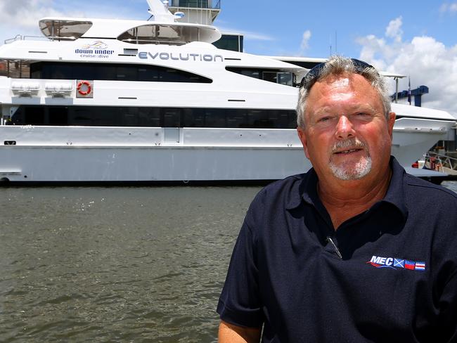 Marine Engineering Consultants (MEC Yachts) based at Gold Coast City Marina, the largest aluminium boat builder in QLD, have just finished building and launched Evolution, a new 33 metre Dive/Tourism vessel for a Cairns operator, the largest commercial vessel to be built on the Gold Coast. Pic of owner/director Murray Owen and the Evolution 33 before it heads to Cairns Pic by David Clark