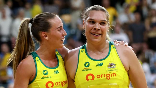 NEWCASTLE, AUSTRALIA - OCTOBER 26: Donnell Wallam of the Australia Diamonds celebrates with team mates at full time during game one of the International Test series between the Australia Diamonds and England Roses at Newcastle Entertainment Centre on October 26, 2022 in Newcastle, Australia. (Photo by Brendon Thorne/Getty Images for Netball Australia)