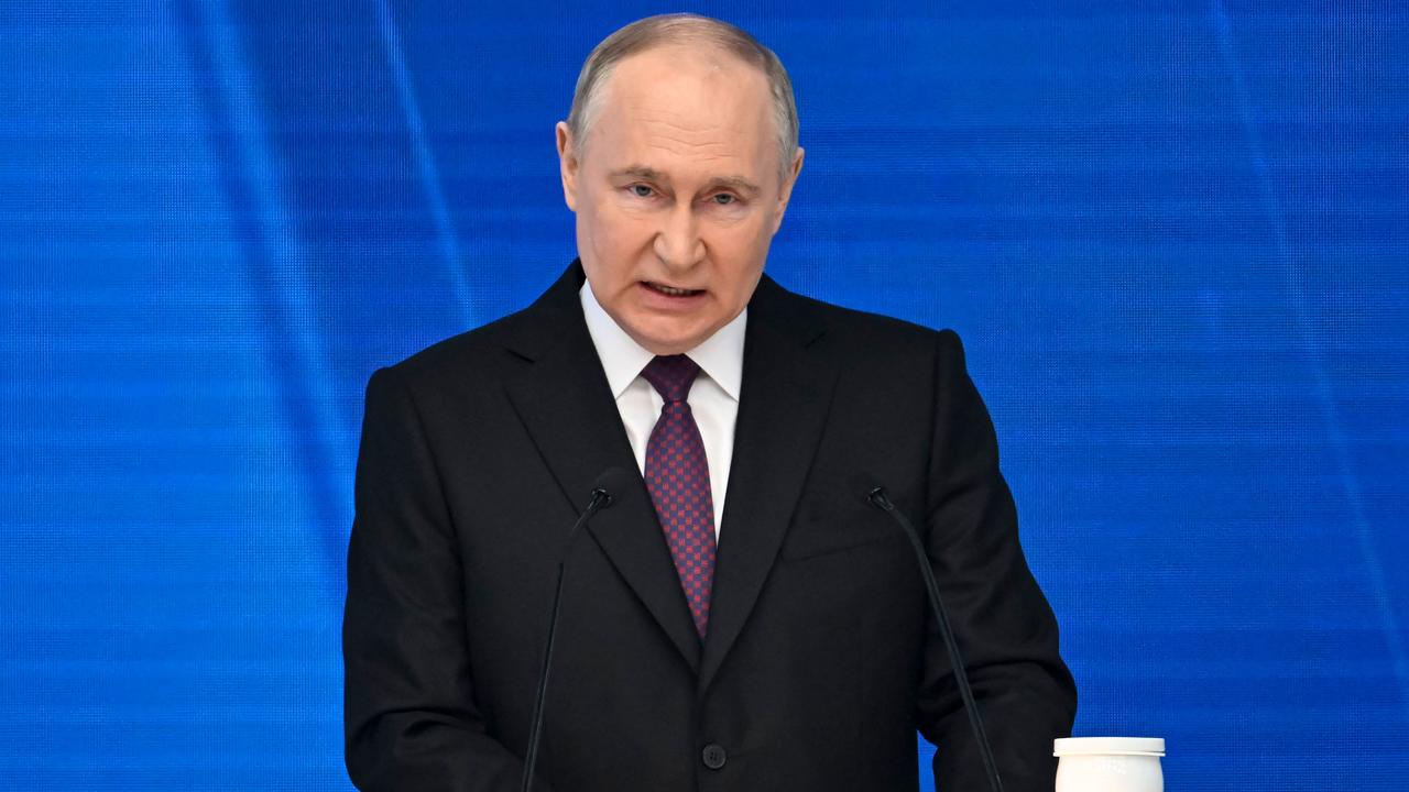 Russian President Vladimir Putin delivers his annual state of the nation address at the Gostiny Dvor conference. Picture: AFP